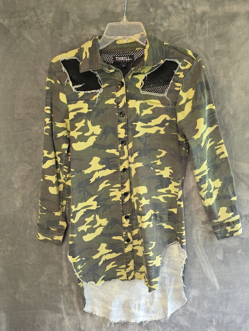 Thrill Yellow-Green Camo Distressed Shirt Jacket